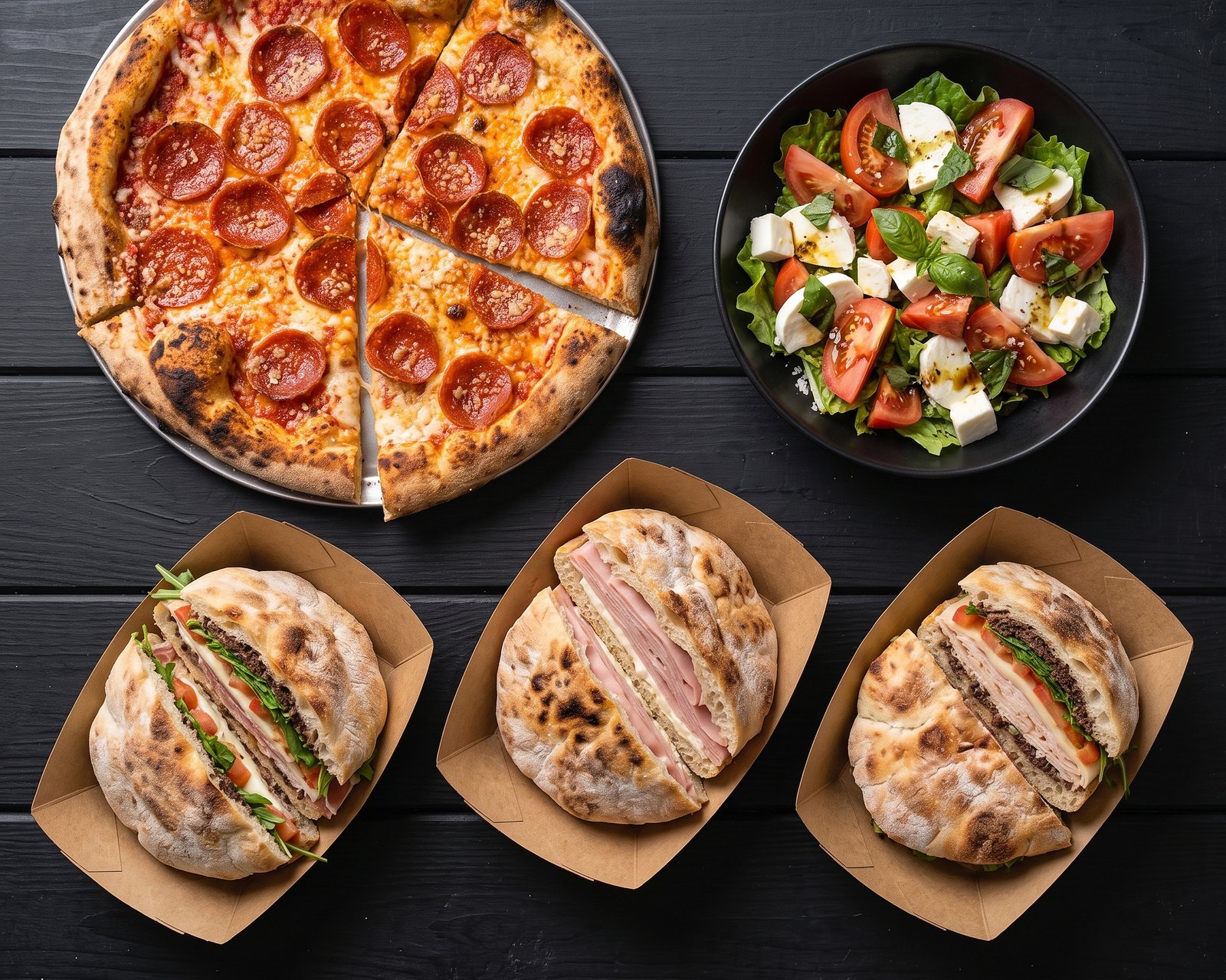 Three puccias in takeout trays